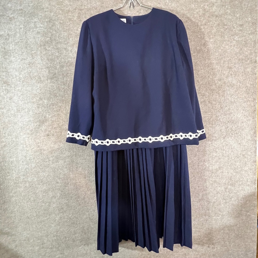 Vintage Anne Roberts Pleated Midi Dress Women 18W Navy Blue Lace Trim